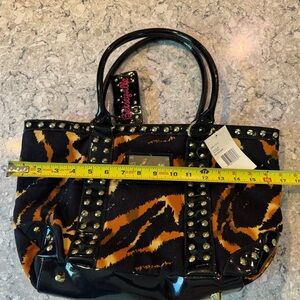 Betsey Johnson Cadillac Natural Black and Orange Animal Print Small Tote